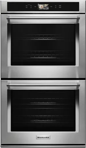 Front view of the KitchenAid KODE900HSS double oven