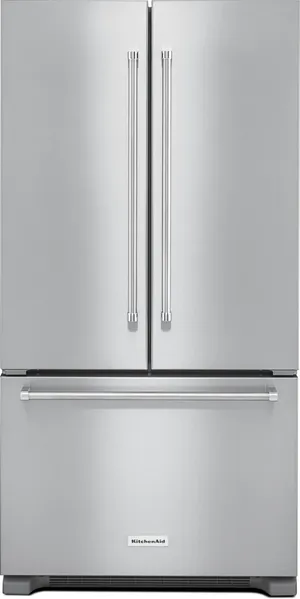 Front view of the KitchenAid KRFC302ESS French door refrigerator