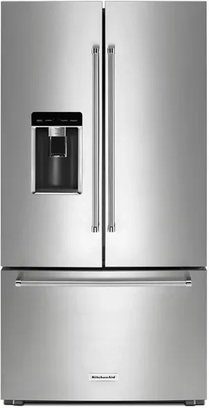 Credit: KitchenAid Front view of the KitchenAid KRFC704FPS French door refrigerator