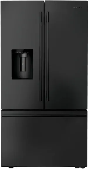 Front view of the KitchenAid KRFF436SBE Black Ore French door refrigerator