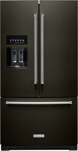 Credit: KitchenAid Front view of the KitchenAid KRFF577KBS black stainless steel French door refrigerator