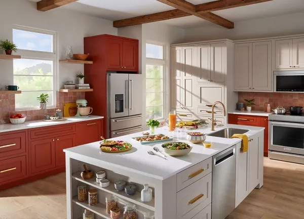 The KitchenAid KRMF536RPS refrigerator in a red kitchen 