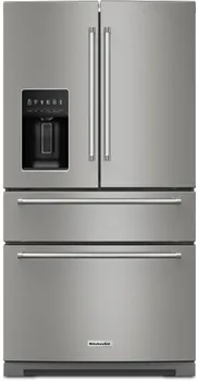Front view of the KitchenAid KRMF536RPS refrigerator