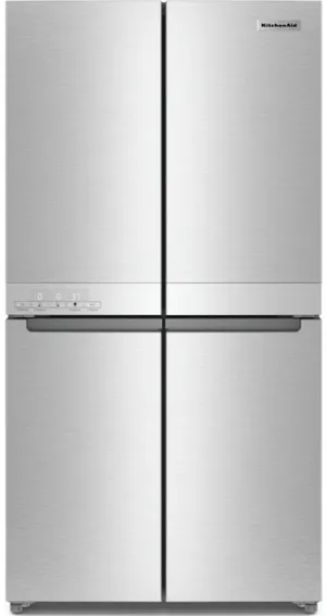 Front view of the KitchenAid KRQC506MPS quad door refrigerator