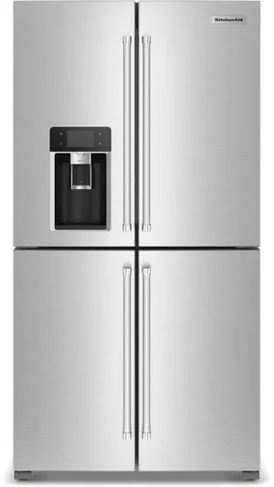 Front view of the KitchenAid KRQC736RPS quad door refrigerator