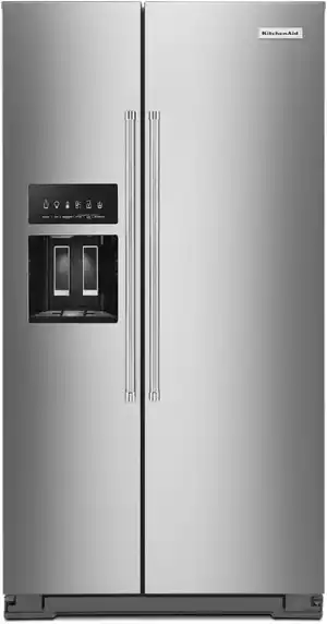 Credit: KitchenAid Front view of the KitchenAid KRSC700HPS side by side refrigerator