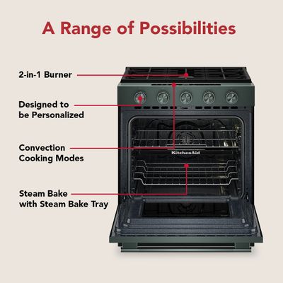 An infographic listing the features on the KitchenAid KSGS530SPS range 