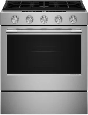 Front view of the KitchenAid KSGS530SPS slide-in gas range