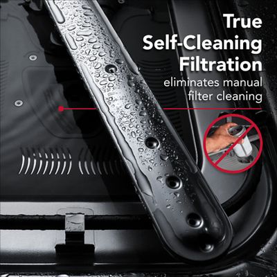 A graphic describing the KitchenAid self-cleaning dishwasher filter