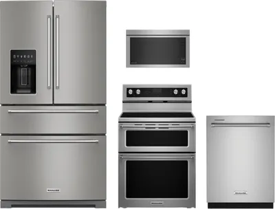 Credit: KitchenAid A KitchenAid kitchen package featuring the KRMF536RPS refrigerator, KDTM404KPS dishwasher, KFED500ESS range, and KMMF330PPS microwave
