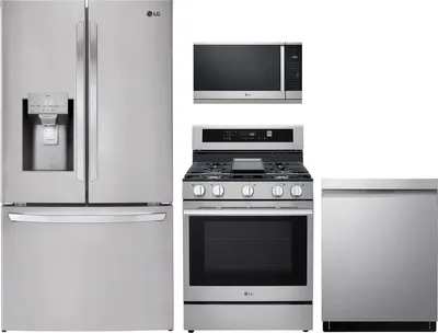 Credit: LG An LG kitchen package featuring the LRFS28XBS refrigerator, LDP6810SS dishwasher, LRGN6325X range, and MVEL2125X microwave