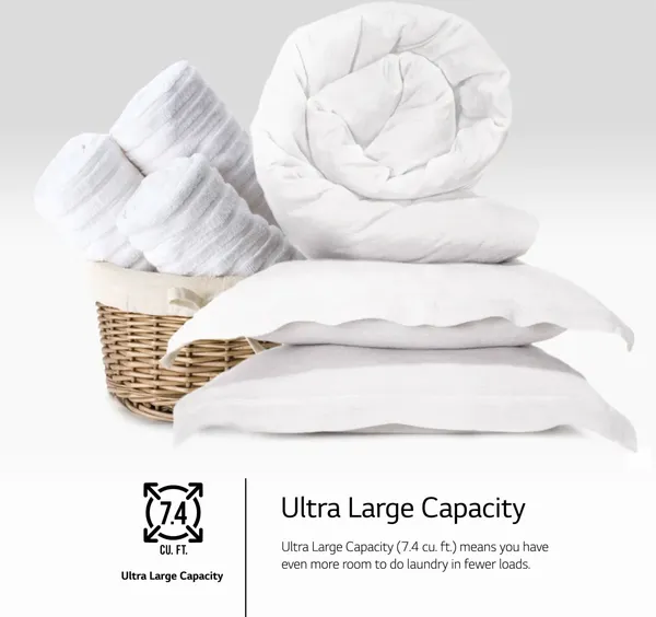 A graphic with bedding and towels describing the capacity on the LG DLEX5500W dryer