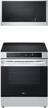 Front view of a LG 2-piece appliance package with the LG LSIL6332FE range and MVEL2033F microwave 