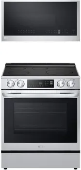 Front view of a LG 2-piece appliance package with the LG LSIL6334FE range and MVEL2033F microwave 