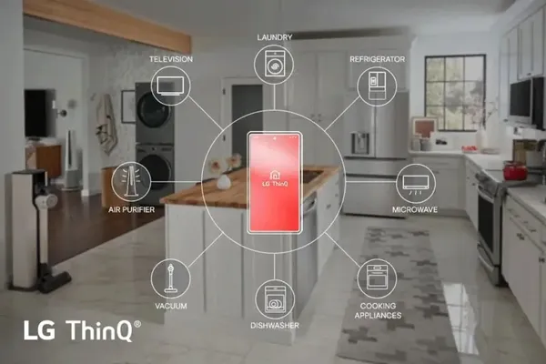 Credit: LG LG appliances in the background of an LG ThinQ appliance graphic