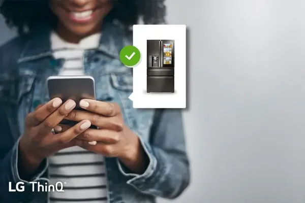 Credit: LG A woman using a smart device in the background of an LG ThinQ graphic