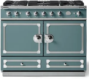 Front view of the La Cornue CornuFe 110 dual fuel range in an Ocean finish 
