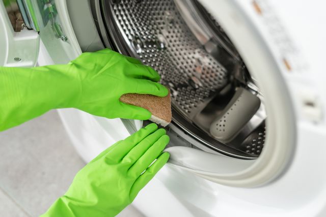 Credit: iStock Front view of a hand wearing a green glove and cleaning a front load washer gasket