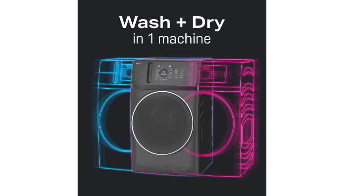 blueprint style graphic of a washer and dryer combining into one laundry device