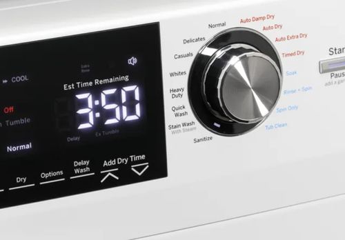 closeup of the settings knob and time remaining screen on a GE combo washer dryer
