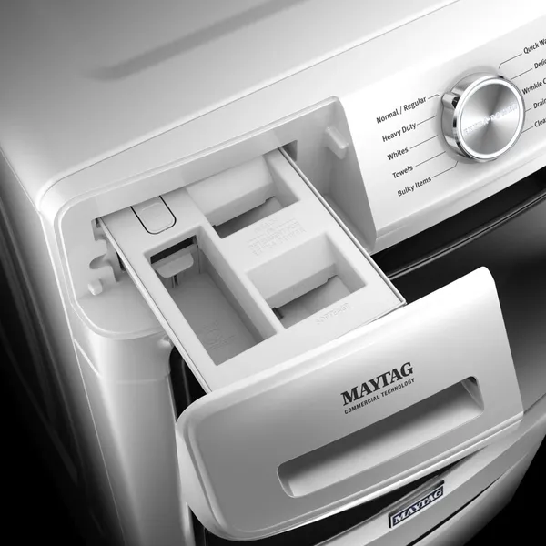 A close-up look at the Maytag MHW5630HW detergent dispenser