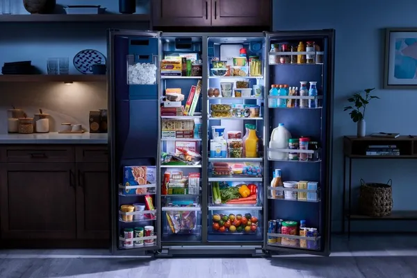 The Maytag MRSF6636RZ refrigerator featured with produce and food 
