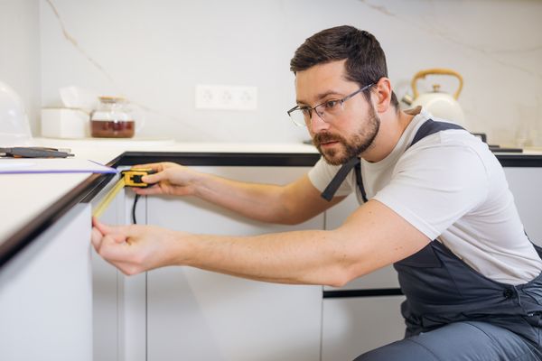 A man using a tape measure to measure a kitchen cabinet 