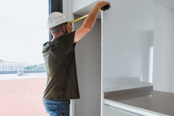 A contractor measuring a refrigerator cutout