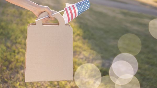 A person holding a paper shopping bag along with a flag of the U.S.A.
