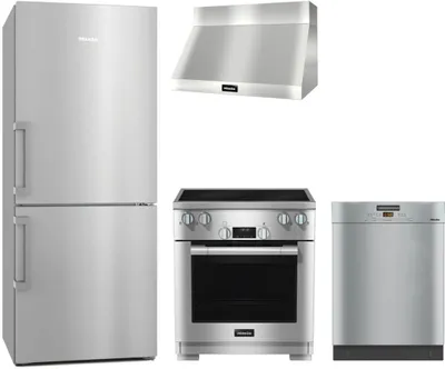 A 4-piece kitchen package featuring a Miele refrigerator, dishwasher, range, and range hood 