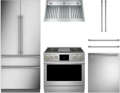 The Monogram ZIP364IPVII refrigerator, ZDP364NDTSS range, ZDT925SPNSS dishwasher, and UVC9360SLSS range hood