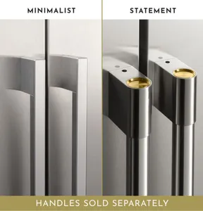 A close-up of the Monogram Statement and Minimalist refrigerator handles 