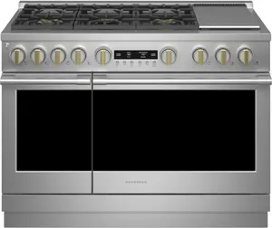 Front view of the Monogram ZDP486NDTSS 48” dual fuel range 