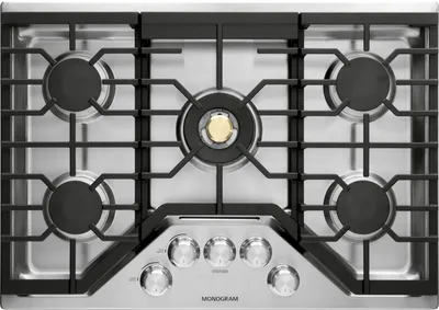 Overhead view of the Monogram ZGU30RSLSS gas cooktop 