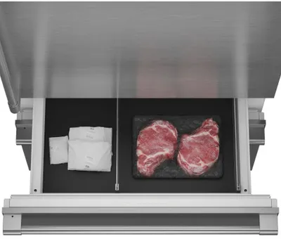 Overhead view produce and meat inside the Monogram ZIC363IPVRH convertible refrigerator drawer