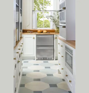 A long shot of the Monogram ZIDS240NSS refrigerator drawers in pantry