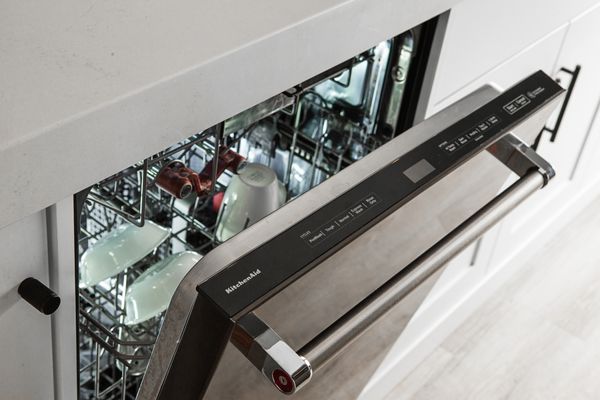 A close-up of a KitchenAid dishwasher 