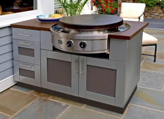 front view of an evo grill built into an outdoor kitchen