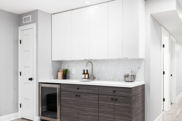 A beverage refrigerator in a modern pantry 