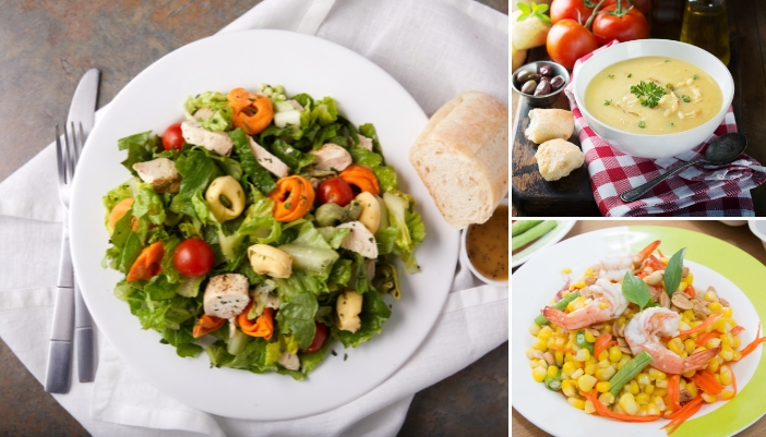 Collage of healthy soups and salads