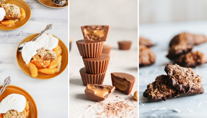Three-panel collage of desserts like baked peaches, peanut butter cups, and no-bake cookies