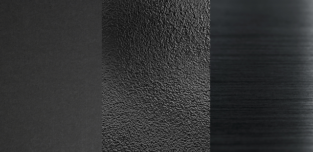 image containing three black appliance finish examples close up, left left to right: matte black, glossy black, black stainless steel