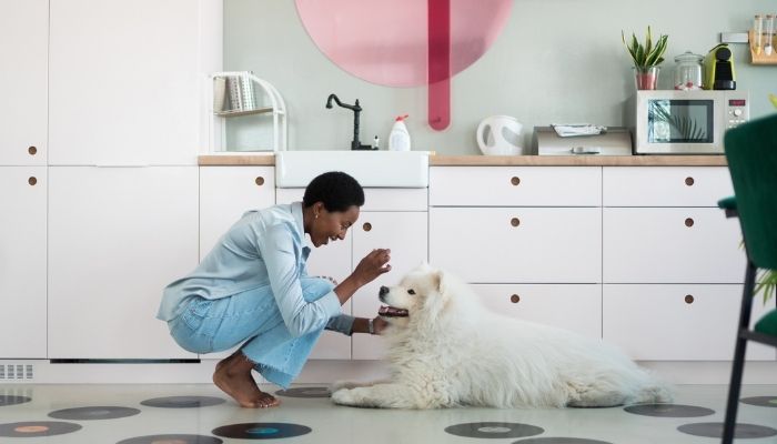 woman feeding dog treats