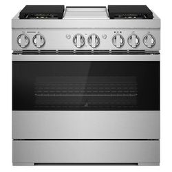 stainless steel range with black accents