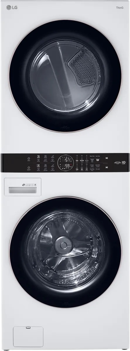 white stacked washer dryer with black accents