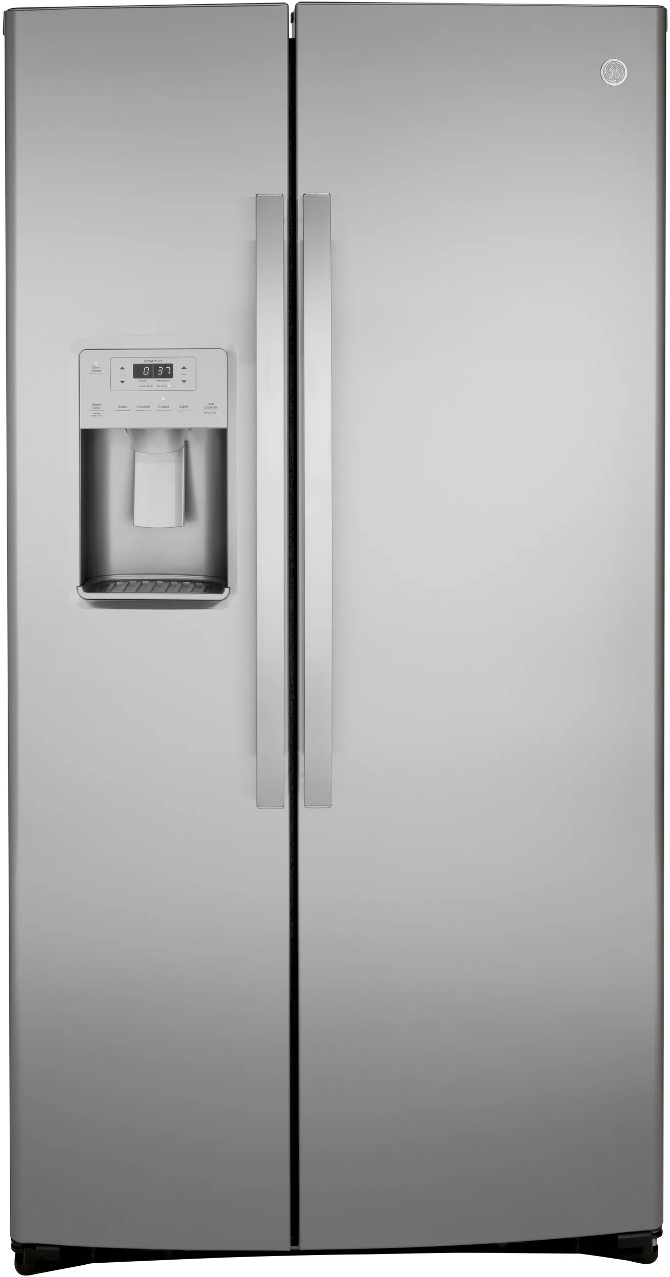 fridge with dispenser with brand logo on right door