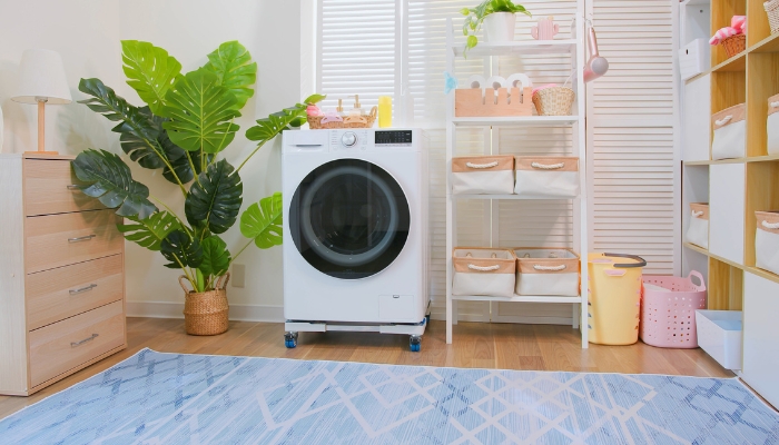 Laundry room with essentials organized in baskets