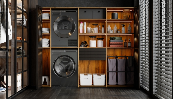 Laundry appliances tucked away in special closet