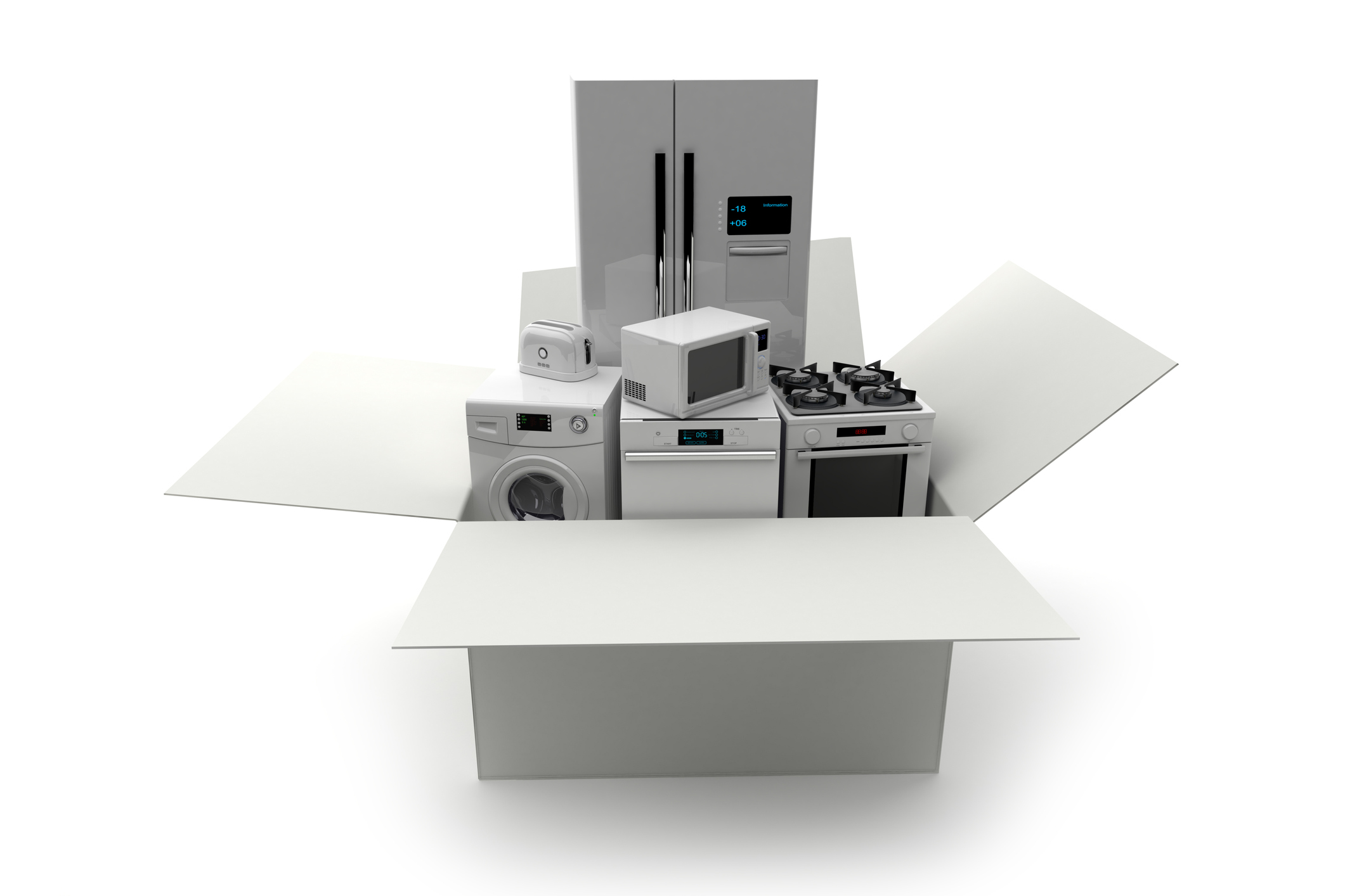 open box filled with appliances