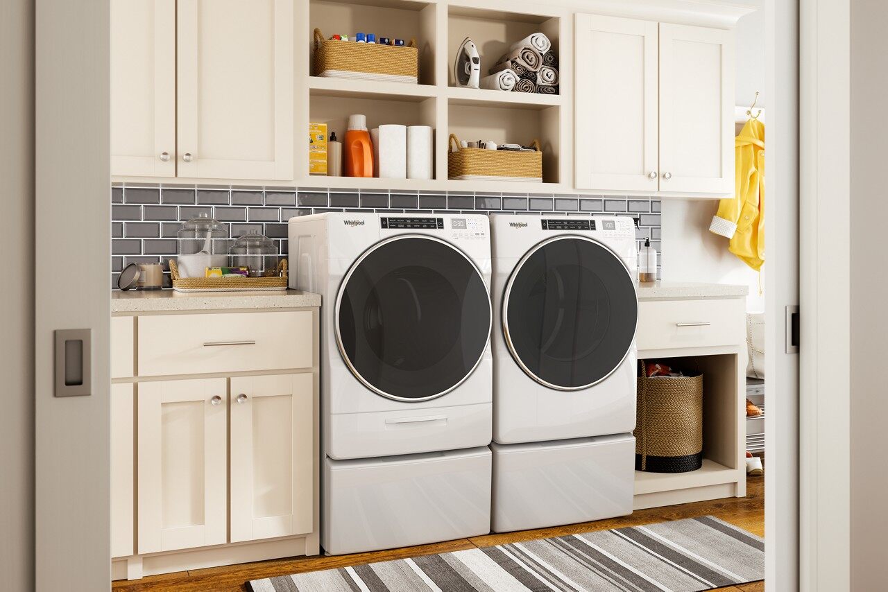 white laundry with white Whirlpool appliances